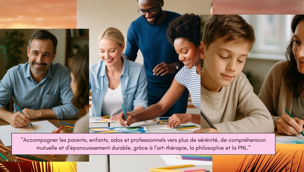 "Accompagner les parents, enfants, ados et professionnels vers plus de sérénité, de compréhension mutuelle et d’épanouissement durable, grâce à l’art-thérapie, la philosophie et la PNL."